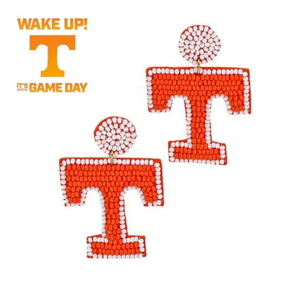Tennessee Vols Team Colors Football Fan Letter T Seed Beaded Earrings - Picture 2 of 2